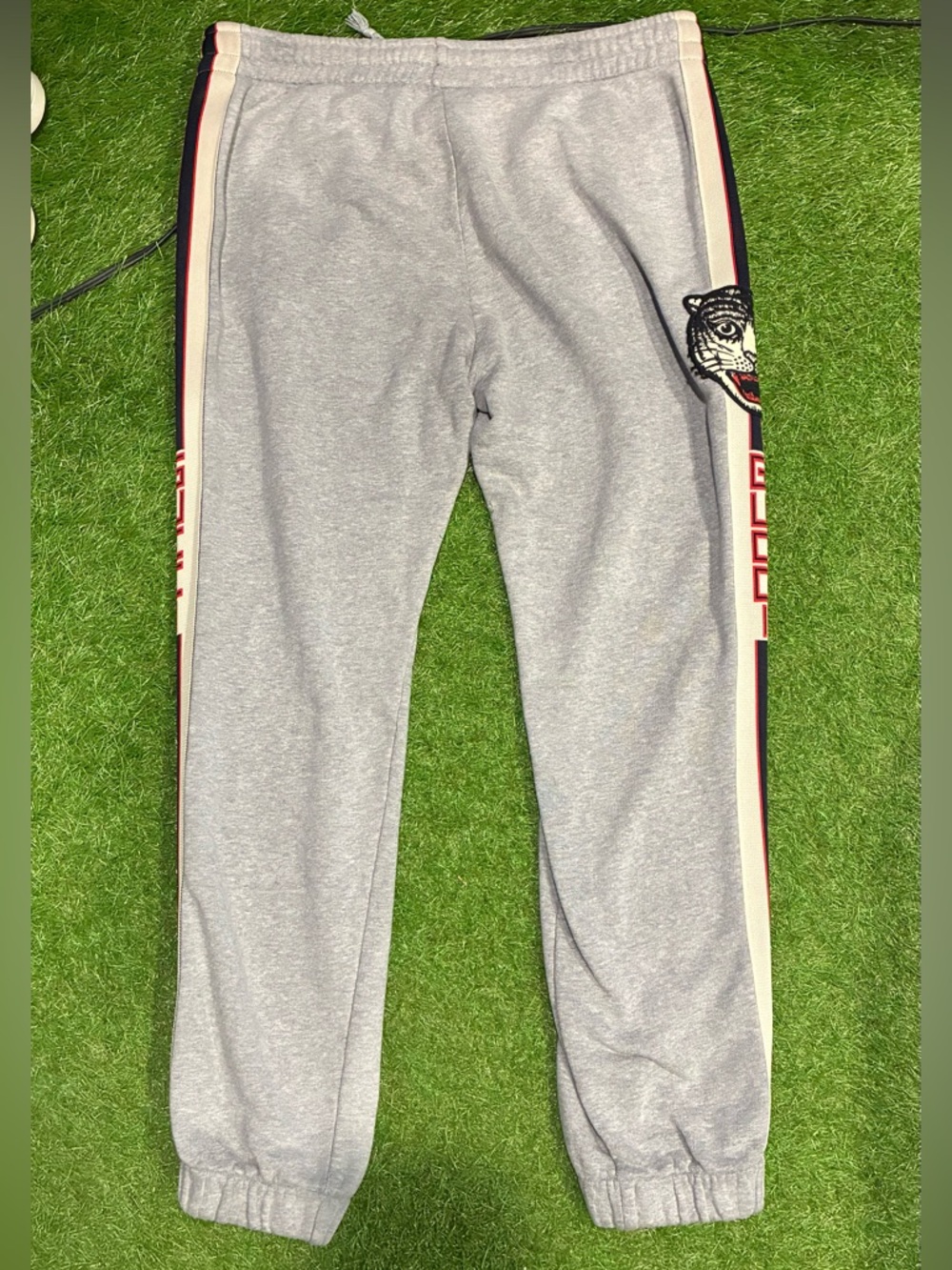 Gucci Light Gray Sweatpants with Cream Label and Black Trim